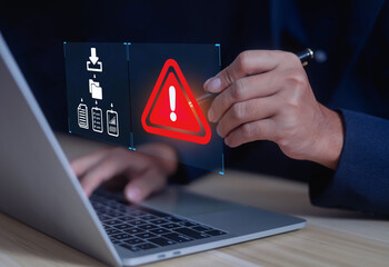 Warnings exclamation mark alerts in computer systems to be aware of the dangers and risks of...