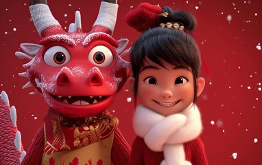 A cute Chinese red dragon and a little Chinese girl on a red background, welcoming the New Year