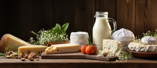 Fresh dairy products isolated wooden table background