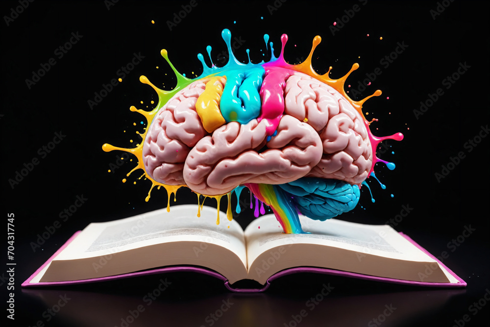 Poster Liquid Color design background fly out of the book as a fantasy. colorful brain splash Brainstorm and study concept