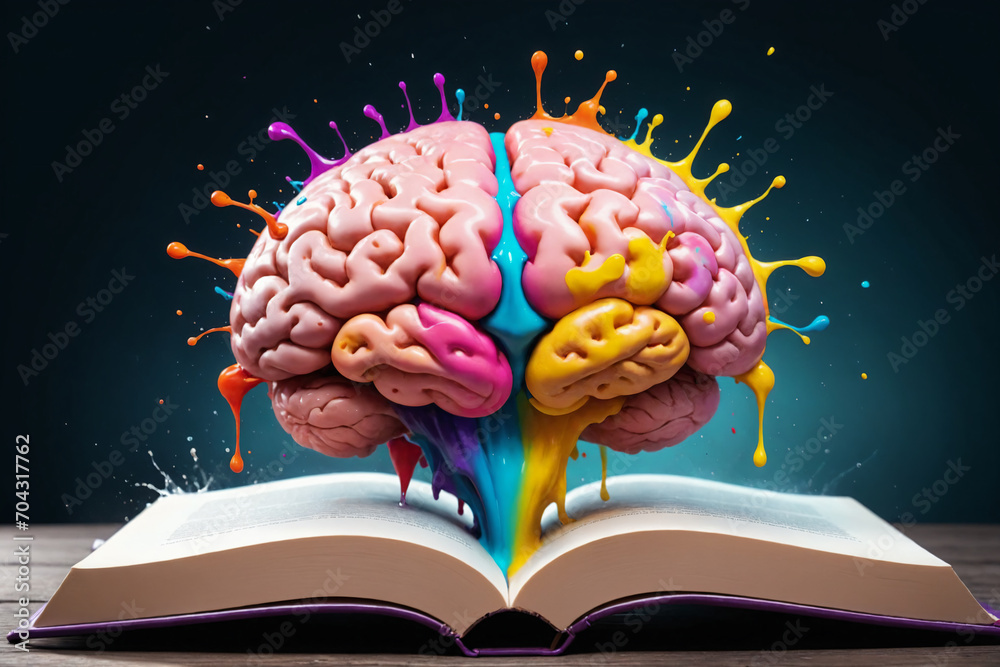 Poster liquid color design background fly out of the book as a fantasy. colorful brain splash brainstorm an