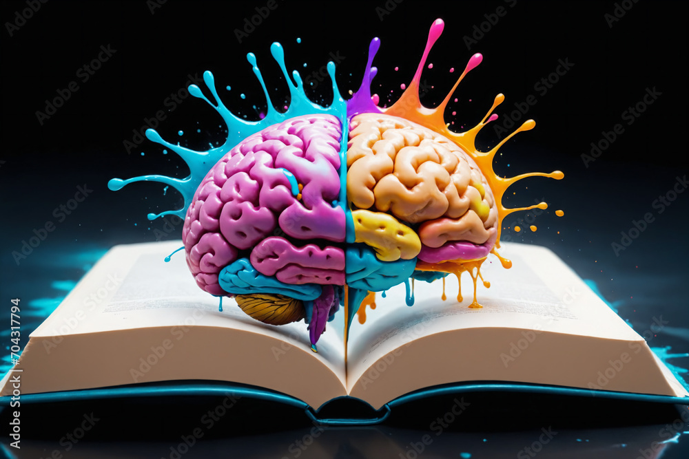 Aufkleber liquid color design background fly out of the book as a fantasy. colorful brain splash brainstorm an