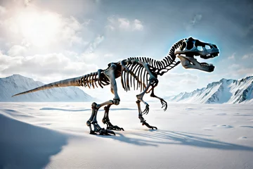 Badezimmer Foto Rückwand Dinosaurier T-Rex Skelett in den Bergen im Schnee © Pixelot