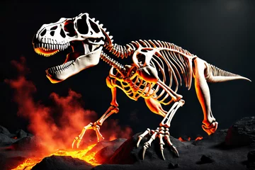 Photo sur Aluminium Dinosaures Dinosaurier T-Rex Skelett in einem Lavastrom Nacht