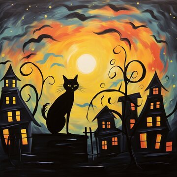 Black cat on a rooftop with haunted houses and a spooky sky