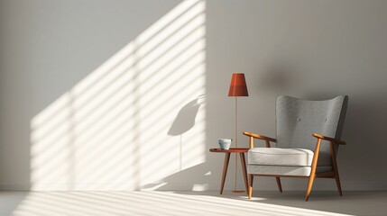 Capturing Modern Elegance: Sunlit Room with Gray Wall, Inviting Cozy Ambiance, and Stylish Minimalist Decor, Ideal for Contemporary Living Spaces