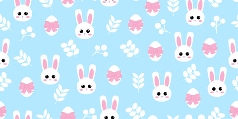 Seamless vector pattern with cute bunnies, twigs and festive eggs on a light background. For packaging,print,banner,card,wallpaper,children's design