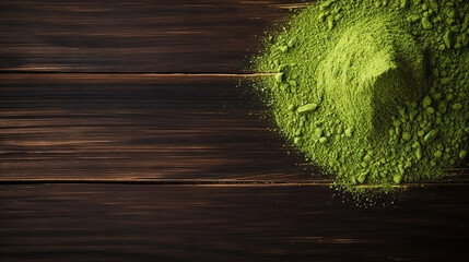 Matcha tea powder in a wooden plate on dark background with whisk, top view, copy space. Generative...