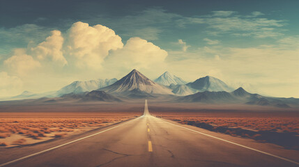 Abstract art background of the road lead to the mountains in retro style  - obrazy, fototapety, plakaty