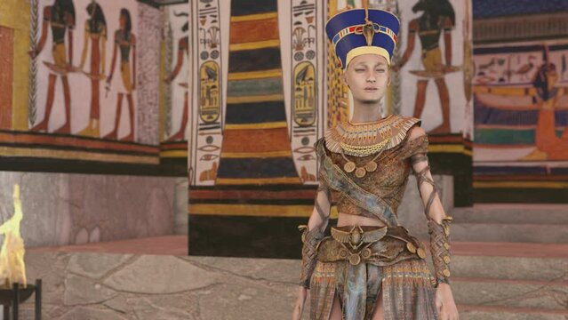 Queen Nefertiti in Tomb with old wall paintings in ancient Egypt. Historical 3d rendering animation. Video without AI.