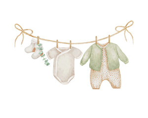 Baby clothes hanging on a rope isolated on white background. Watercolor hand drawn illustration. Kids clothing, socks, eucalyptus branch.  Perfect for cards, invitations and packaging.