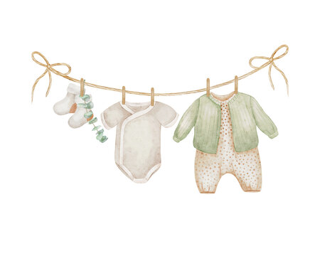 Baby clothes hanging on a rope isolated on white background. Watercolor hand drawn illustration. Kids clothing, socks, eucalyptus branch.  Perfect for cards, invitations and packaging.