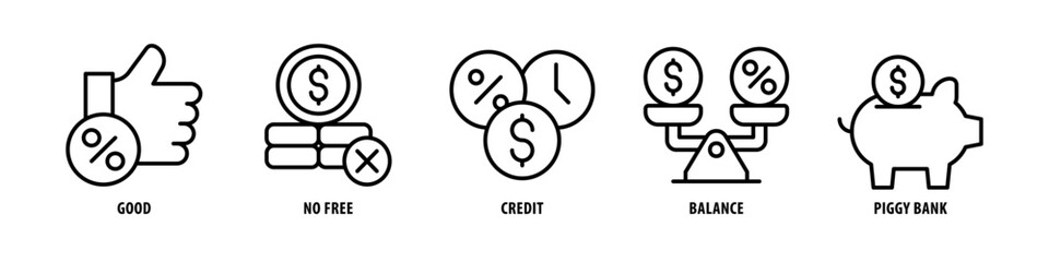 Piggy Bank, Balance, Credit, No Free, Good editable stroke outline icons set isolated on white background flat vector illustration.