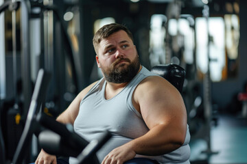 Fototapeta na wymiar Overweight man in a gym. Body positive concept
