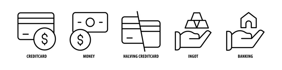 Banking, Ingot, Halving, Credit card, Money Credit card editable stroke outline icons set isolated on white background flat vector illustration.