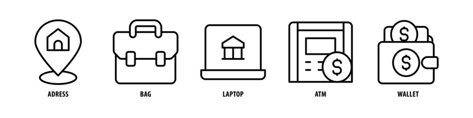 Wallet, ATM, Laptop, Bag, Address editable stroke outline icons set isolated on white background flat vector illustration. - obrazy, fototapety, plakaty
