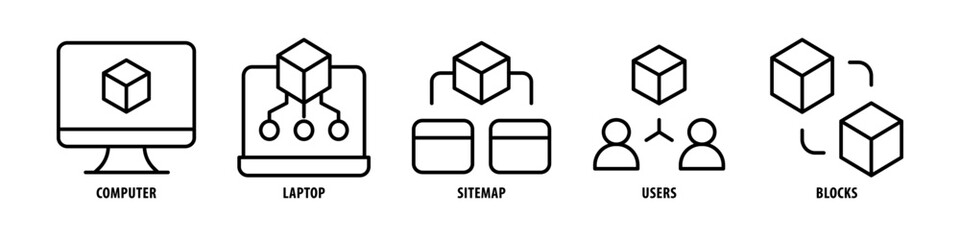 Blocks, Users, Sitemap, Laptop, Computer editable stroke outline icons set isolated on white background flat vector illustration.