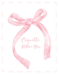 Cute coquette aesthetic pink ribbon bow in vintage style watercolor - obrazy, fototapety, plakaty