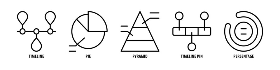 Percentage, Timeline pin, Pyramid, Pie, Timeline editable stroke outline icons set isolated on white background flat vector illustration.