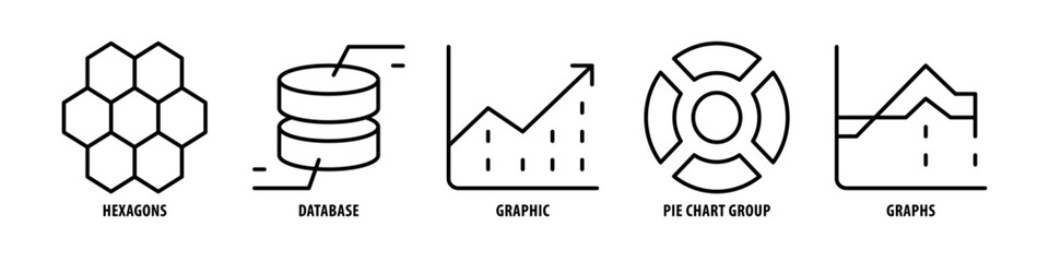 Graphs, Pie Chart, Group, Graphic, Database, Hexagons editable stroke outline icons set isolated on white background flat vector illustration.