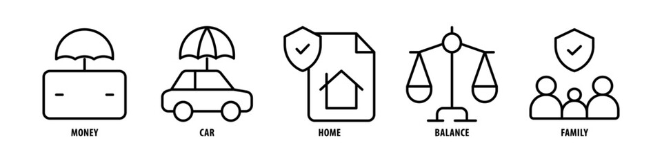 Family, Balance, Home, Car, Money editable stroke outline icons set isolated on white background flat vector illustration.