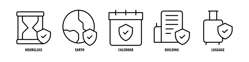 Luggage, Building, Calendar, Earth, Hourglass editable stroke outline icons set isolated on white background flat vector illustration.