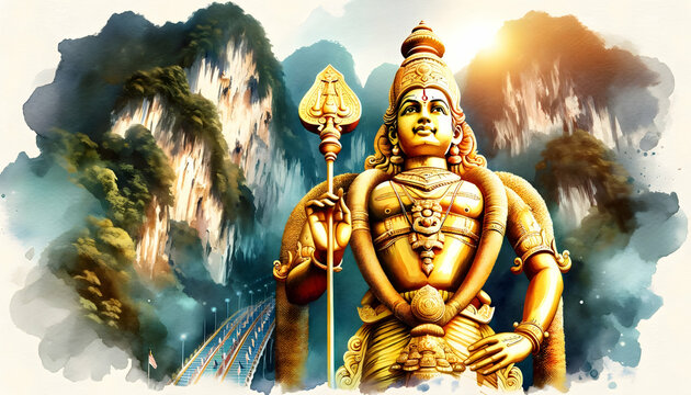 Watercolor illustration of lord murugan gold statue in batu caves.