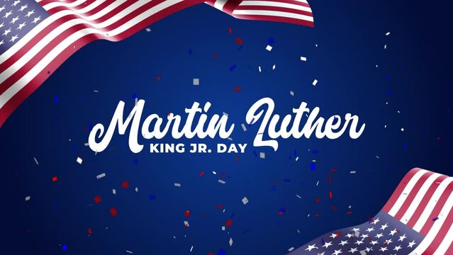 Martin Luther King Jr Day Text Animation in white color with american flag background. Happy MLK Day.