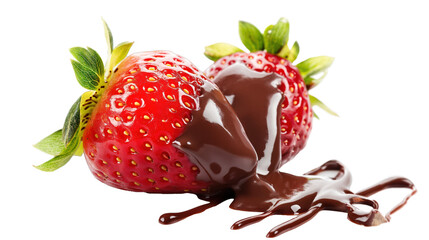 red strawberries dripping with milk chocolate, on transparent background