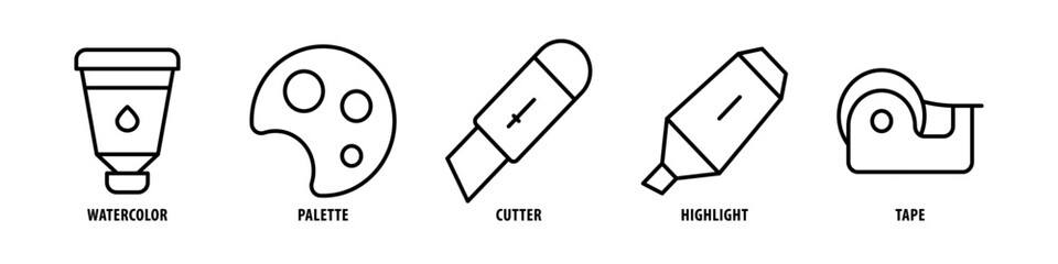 Trash, Folders, Elbow ruler, Stamp, Ruler arc editable stroke outline icons set isolated on white background flat vector illustration.
