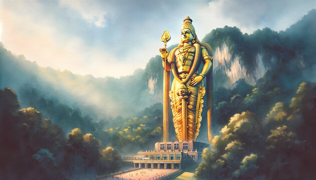 Watercolor illustration of lord murugan gold statue.