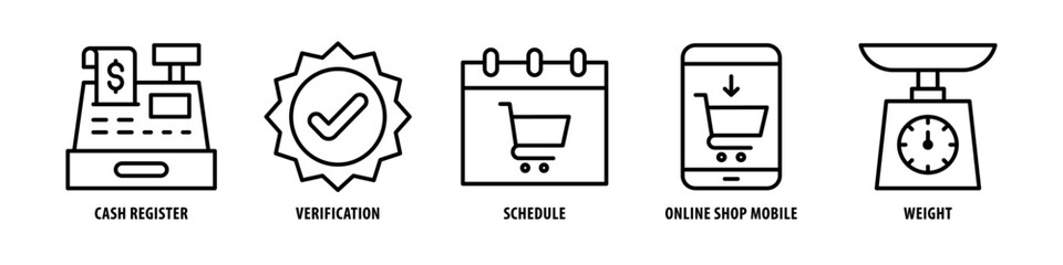 Weight, Online Shop, Mobile, Schedule, Verification, Cash Register editable stroke outline icons set isolated on white background flat vector illustration.