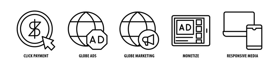 Responsive, Media Monetize, Globe Marketing, Globe Ads, Click payment editable stroke outline icons set isolated on white background flat vector illustration.