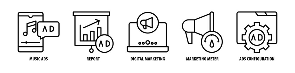 Ads Configuration, Marketing Meter, Digital Marketing, Report, Music Ads editable stroke outline icons set isolated on white background flat vector illustration.