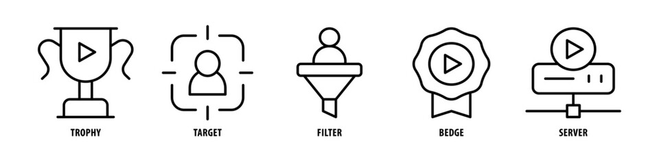 Server, Badge, Filter, Target, Trophy editable stroke outline icons set isolated on white background flat vector illustration. - obrazy, fototapety, plakaty