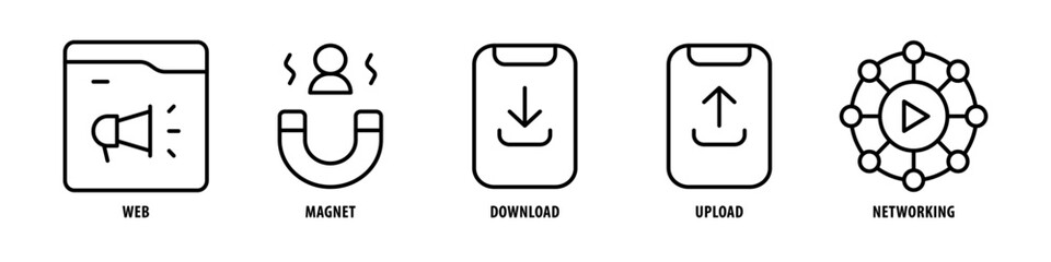 Obraz premium Networking, Upload, Download, Magnet, Web editable stroke outline icons set isolated on white background flat vector illustration.