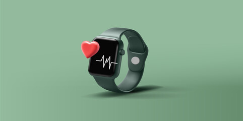 Smart fitness watch 3d render illustration with heart rate cardio line and 3d heart icon, green bracelet