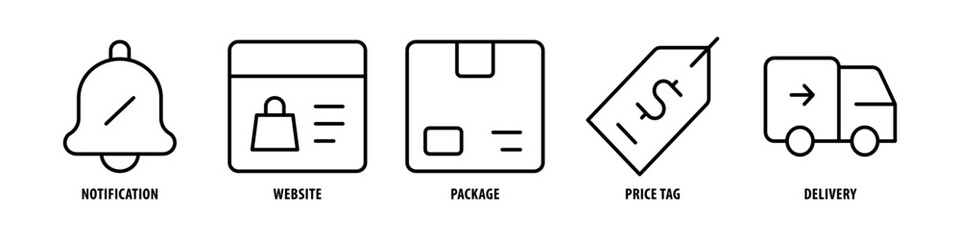 Delivery, Price tag, Package, Website, Notification editable stroke outline icons set isolated on white background flat vector illustration.