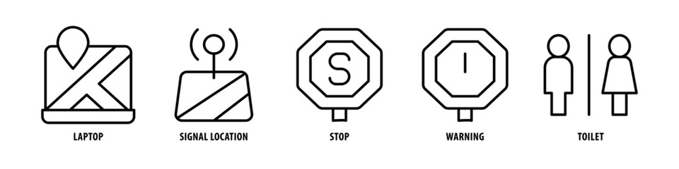 Toilet, Warning, Stop, Signal Location, Laptop editable stroke outline icons set isolated on white background flat vector illustration. - obrazy, fototapety, plakaty