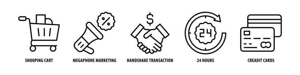 Credit cards, 24 hours, Handshake, Transaction, Megaphone, Marketing, Shopping cart editable stroke outline icons set isolated on white background flat vector illustration.