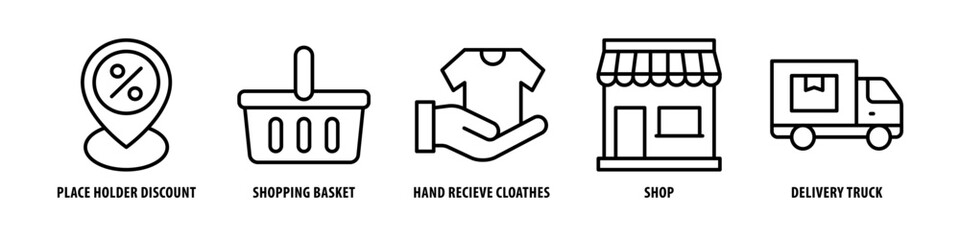 Delivery, Truck, Shop, Hand, Receive, Clothes, Shopping basket, Place holder discount editable stroke outline icons set isolated on white background flat vector illustration.