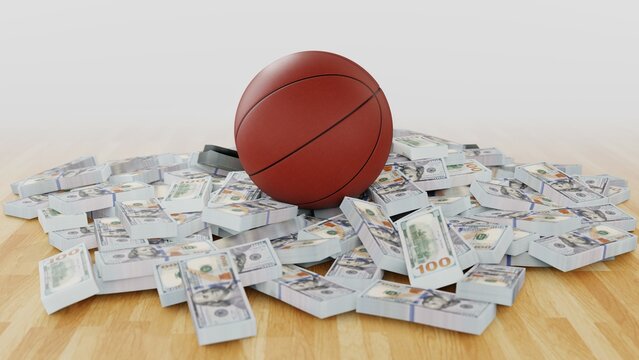 Basketball ball on stacks of money. Sport, basketball, economy and basketball player wages concept. 8K resolution 3D render illustration