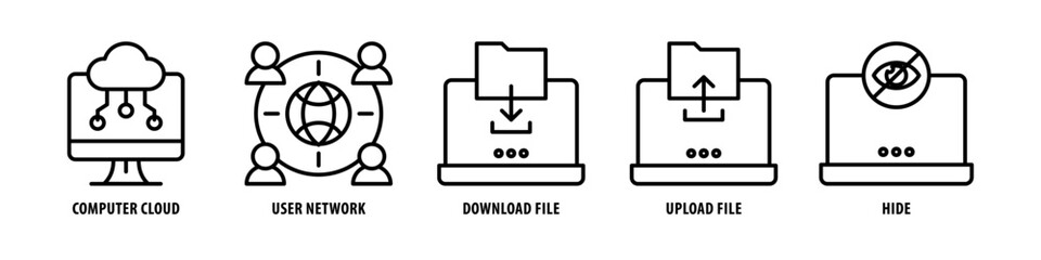 Hide, Upload, File, Download File, User, Network, Computer Cloud editable stroke outline icons set isolated on white background flat vector illustration.