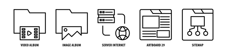 Fototapeta na wymiar Sitemap, Artboard 29, Server Internet, Image Album, Video Album editable stroke outline icons set isolated on white background flat vector illustration.