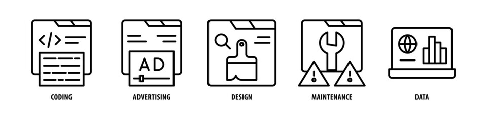 Data, Maintenance, Design, Advertising, Coding editable stroke outline icons set isolated on white background flat vector illustration.