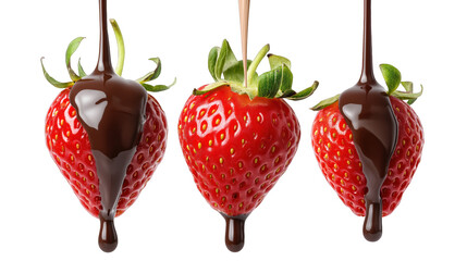 red strawberries dripping with milk chocolate, on transparent background