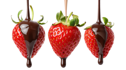 red strawberries dripping with milk chocolate, on transparent background