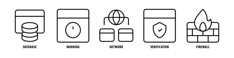 Firewall, Verification, Network, Warning, Database editable stroke outline icons set isolated on white background flat vector illustration.