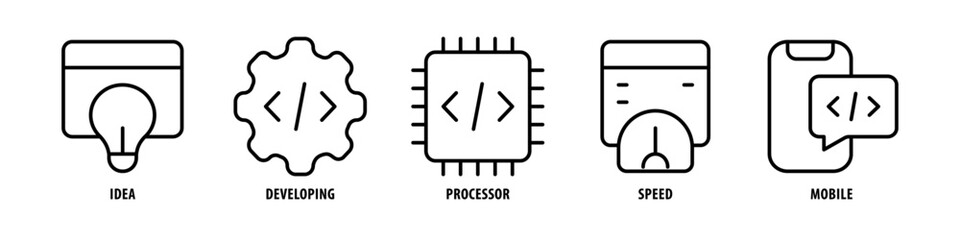 Mobile, Speed, Processor, Developing, Idea editable stroke outline icons set isolated on white background flat vector illustration.