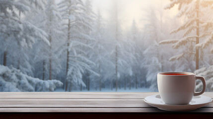 Obraz na płótnie Canvas cup of coffee on wooden table against snowy forest background. Mockup for hot beverage.
